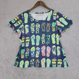 Quacker Factory Women L Flip Flop All Over Print T-Shirt  Short Sleeve 7CT